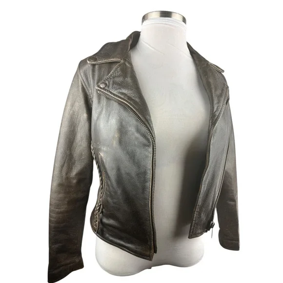 Unik Distressed Brown Leather Braided Moto Motorcycle Jacket Cross Zip Size XS - Picture 2 of 16